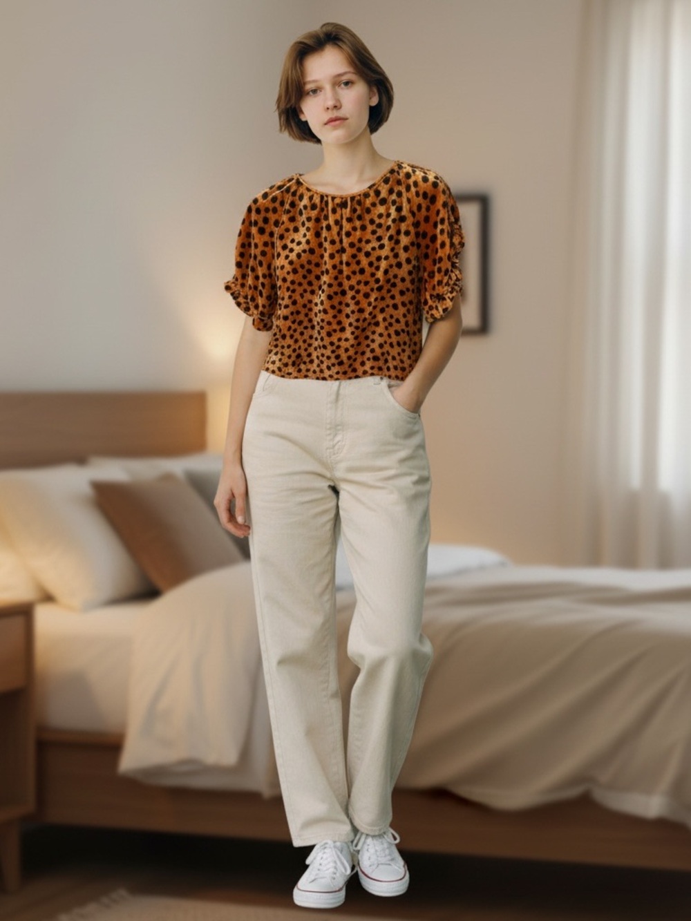 Madewell Cream Polka Dot Velvet Blouse Top Brown Black